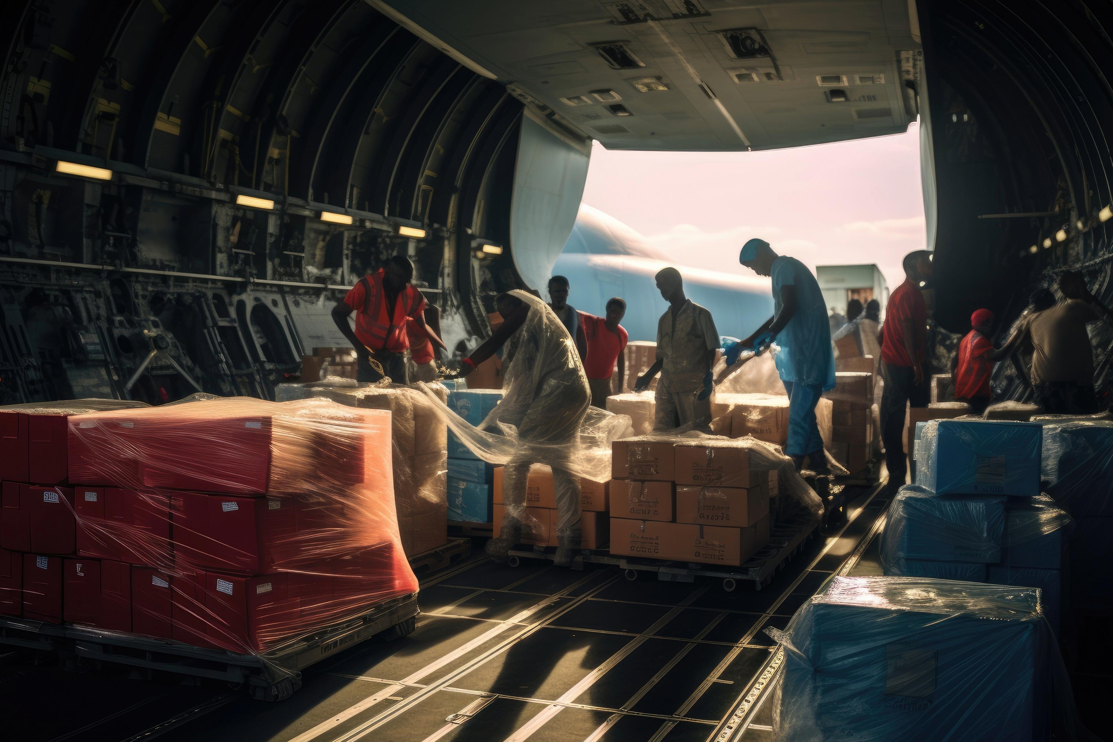“Interior view of a cargo plane, filled with boxes of medical supplies, symbolising the aviation industry’s response to the COVID-19 pandemic